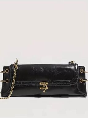 Black Leather Chain-Accent Shoulder Bag